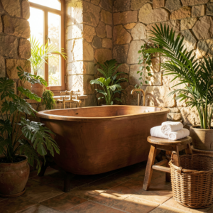 Salle de bain naturelle avec mur en pierre, plantes vertes et bois clair — déco apaisante et champêtre
