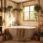 Salle de bain boho avec étagères en bois, panier en osier et plantes vertes suspendues, déco naturelle et chaleureuse.