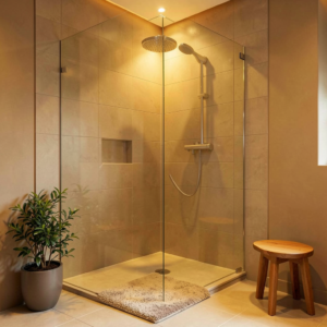 Salle de bain moderne avec une douche d'angle en verre et carrelage gris clair design