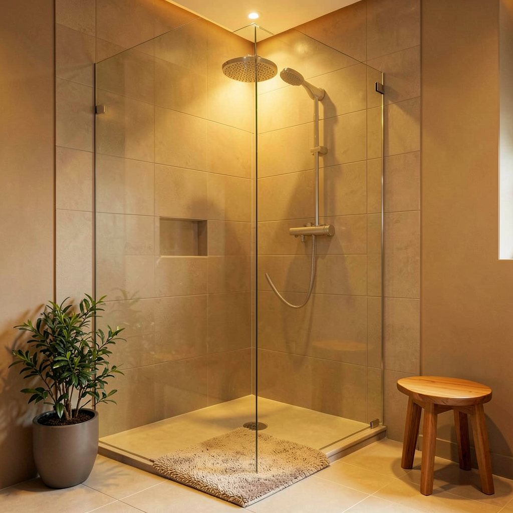Salle de bain moderne avec une douche d'angle en verre et carrelage gris clair design