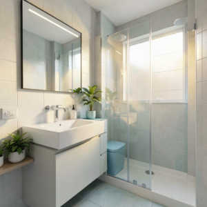 Plan d'aménagement d'une petite salle de bain moderne avec douche à l'italienne et vasque suspendue