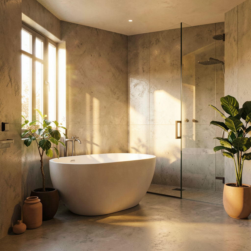 Salle de bain minimaliste avec murs et sol en béton ciré gris clair et vasque suspendue