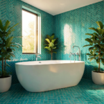 Mur de salle de bain recouvert de carrelage zellige chevron turquoise nuancé brillant, ambiance déco moderne