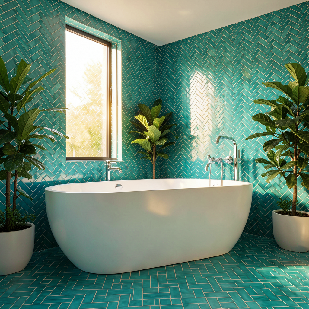 Mur de salle de bain recouvert de carrelage zellige chevron turquoise nuancé brillant, ambiance déco moderne