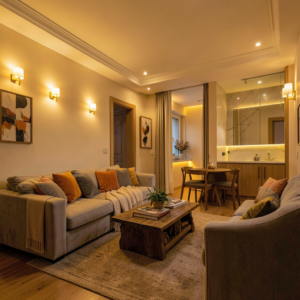 Salon moderne avec éclairage indirect LED encastré au plafond créant une ambiance chaleureuse