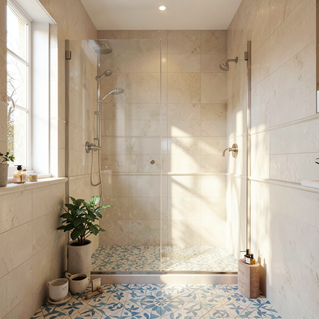 Petite salle de bain avec douche à l'italienne en carrelage blanc et paroi vitrée transparente
