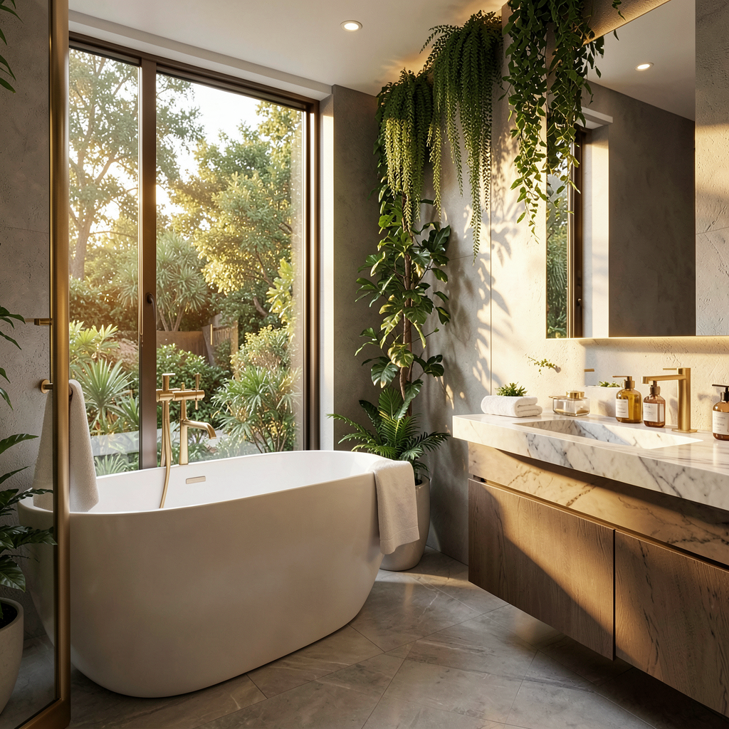 Salle de bain contemporaine lumineuse avec baignoire îlot, inspirée de la maison idéale des Français