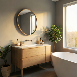 Meuble vasque bois et blanc avec coiffeuse intégrée dans une salle de bain style scandinave épuré