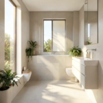 Salle de bain lumineuse avec carrelage blanc et grand miroir reflétant la lumière naturelle