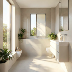 Salle de bain lumineuse avec carrelage blanc et grand miroir reflétant la lumière naturelle