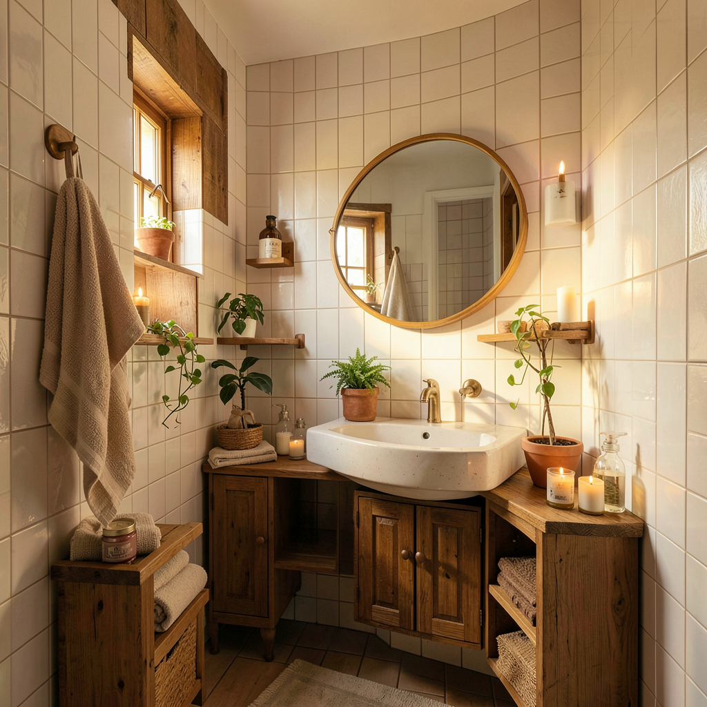 Petite salle de bain cosy avec parquet clair, miroir arrondi et étagères en bois naturel