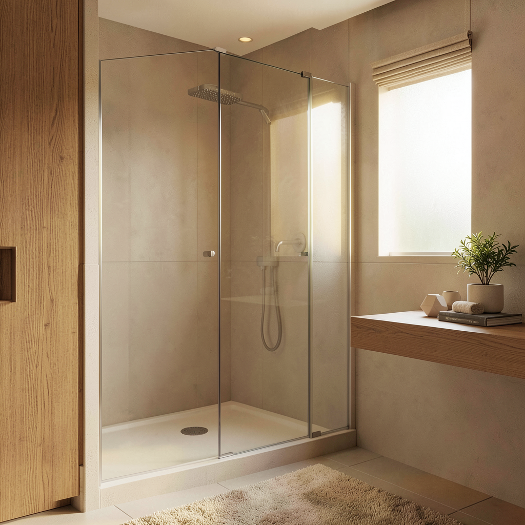 Petite salle de bain minimaliste avec douche à l'italienne, carrelage blanc et robinetterie noire épurée