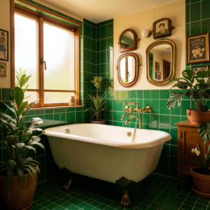 Petite salle de bain rétro chic avec carrelage vert, meuble sur pieds en bois et miroir rond style mid-century