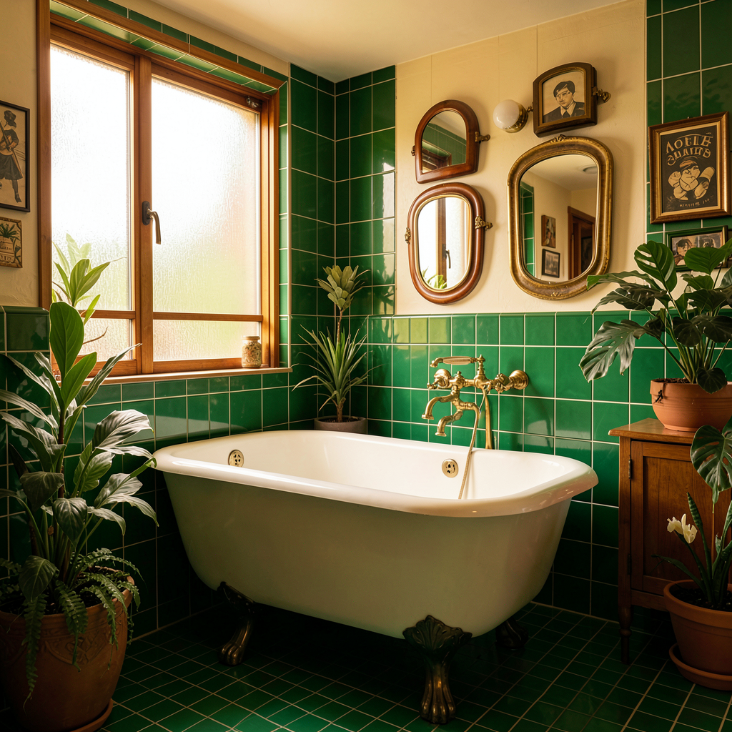 Petite salle de bain rétro chic avec carrelage vert, meuble sur pieds en bois et miroir rond style mid-century
