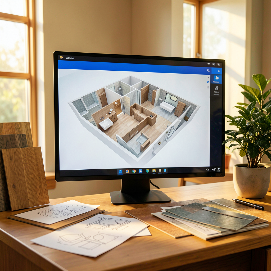 Plan 3D d'une salle de bain moderne blanche et bois avec douche à l'italienne et double vasque