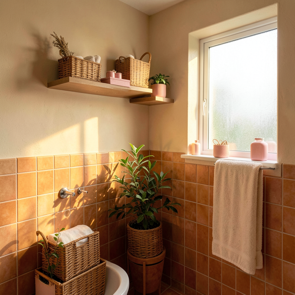 Petite salle de bain relookée en DIY avec des tons beige et terracotta, étagères bois et plantes vertes