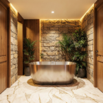 Salle de bains moderne avec carrelage marbre blanc et robinetterie dorée, tendance décoration intérieure