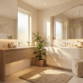 Salle de bain blanche et beige avec mur en travertin, vasque en pierre naturelle et meuble bois clair