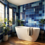 Salle de bain moderne avec carrelage bleu clair aux murs, vasque blanche et touches de bois naturel