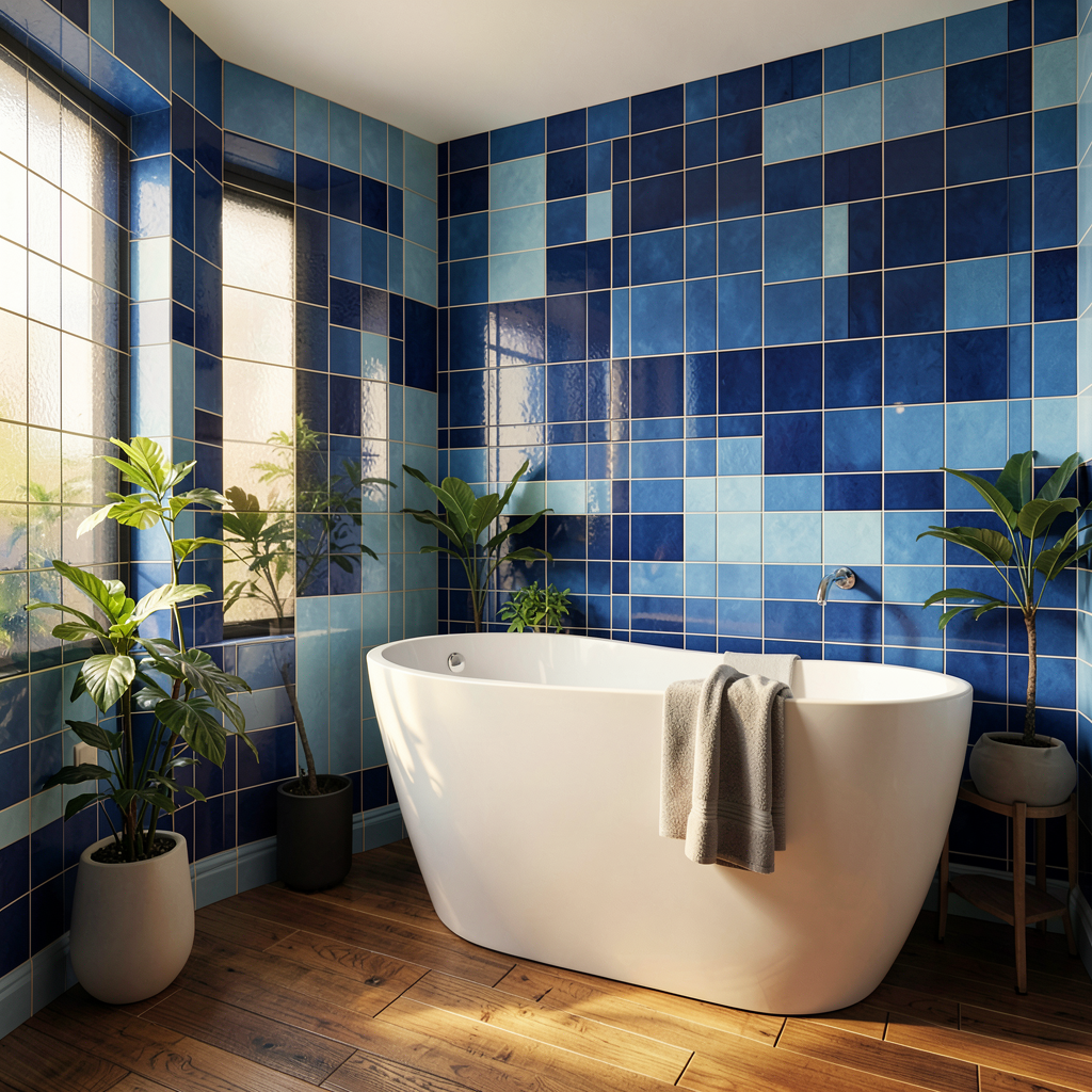 Salle de bain moderne avec carrelage bleu clair aux murs, vasque blanche et touches de bois naturel