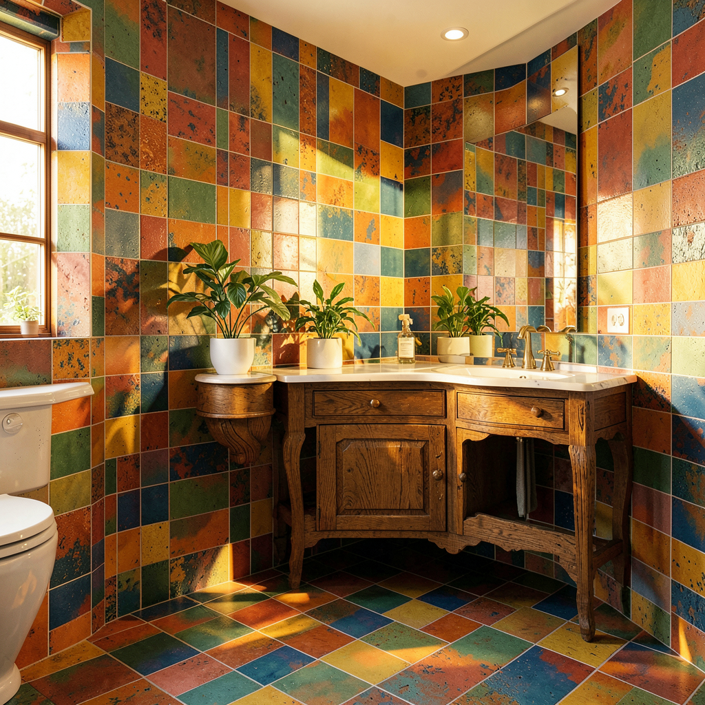 Salle de bain avec carreaux de ciment colorés au sol et faïence blanche, style Mouty Artisanat