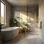 Salle de bain moderne avec murs et sol en béton ciré beige, vasque encastrée et robinetterie laiton brossé