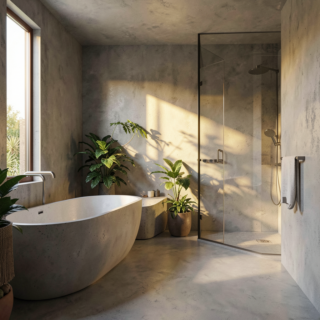 Salle de bain moderne avec murs et sol en béton ciré beige, vasque encastrée et robinetterie laiton brossé