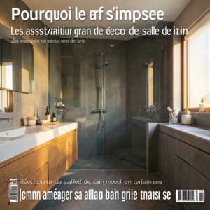 Salle de bain grise moderne avec douche à l'italienne, carreaux anthracite et plan vasque en bois naturel.