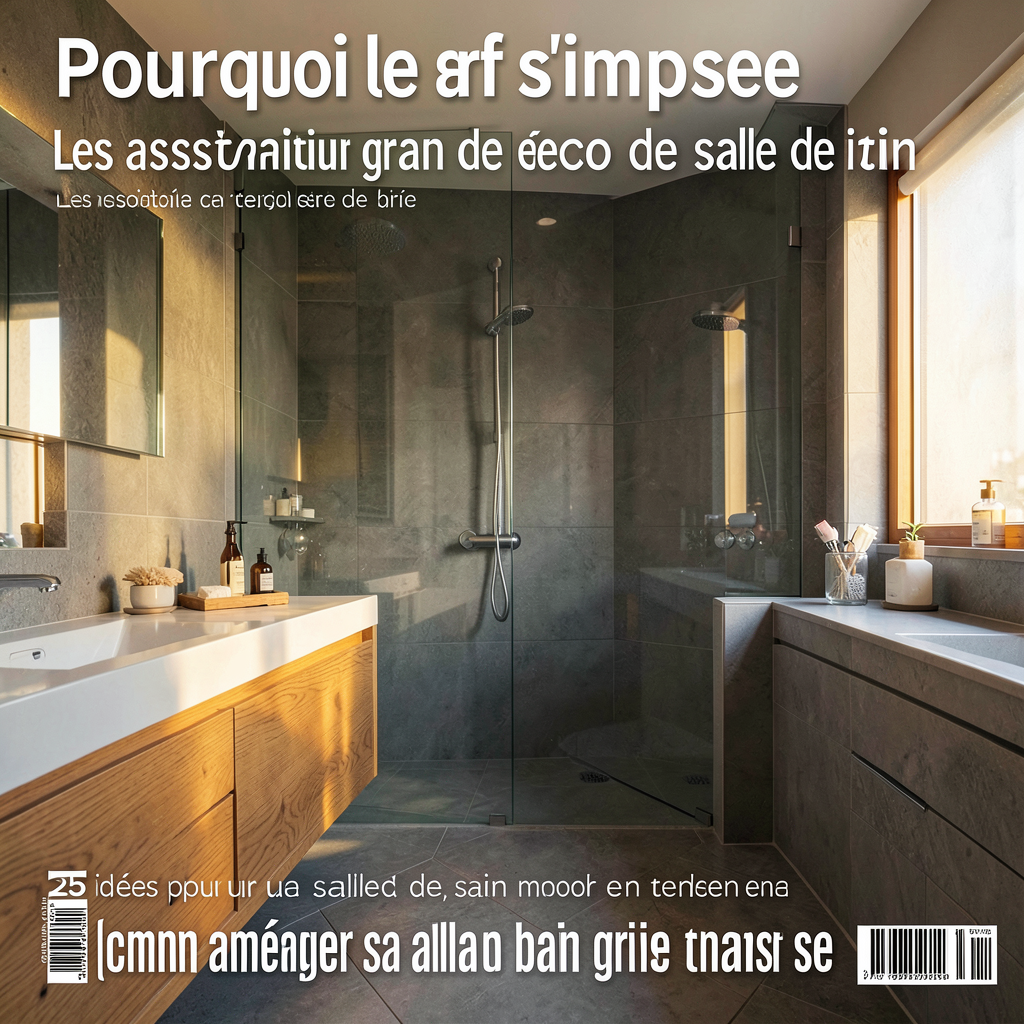 Salle de bain grise moderne avec douche à l'italienne, carreaux anthracite et plan vasque en bois naturel.