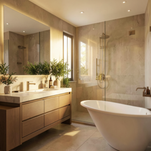 Salle de bain moderne avec douche à l'italienne, carrelage gris et vasque design épurée