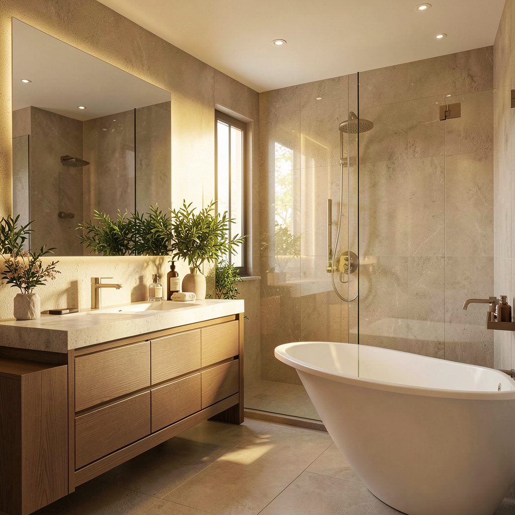 Salle de bain moderne avec douche à l'italienne, carrelage gris et vasque design épurée