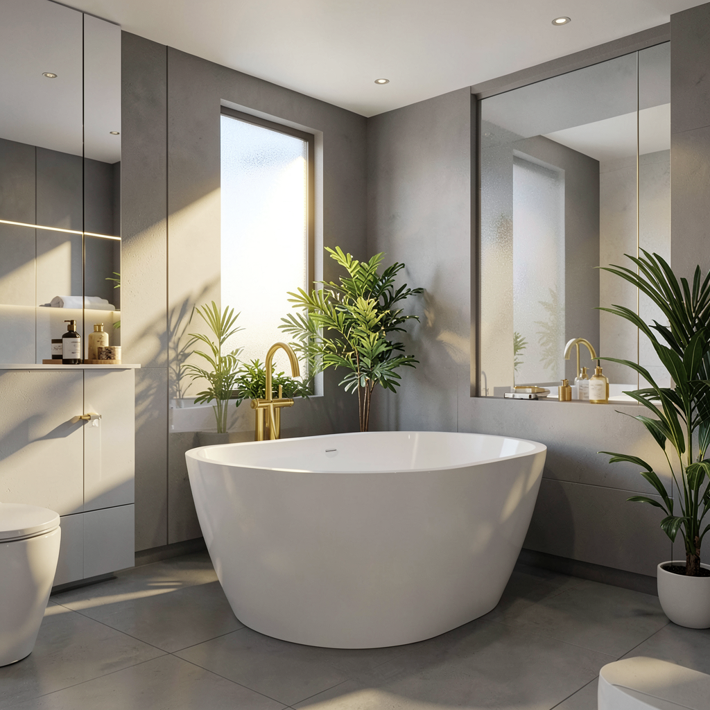 Salle de bain moderne avec carrelage gris, meuble vasque bois et miroir rond au-dessus du lavabo