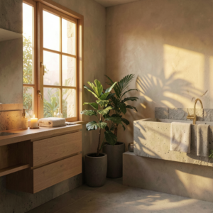 Salle de bain nature et zen avec meuble en bois clair, vasque en pierre et plantes vertes dans une ambiance douce et apaisante.