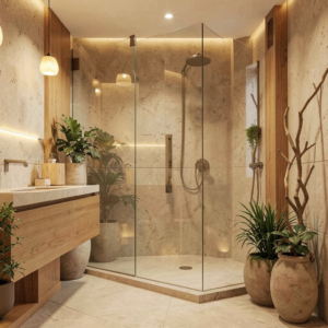 Salle de bain organique moderne avec douche en verre transparent et mur en pierre naturelle