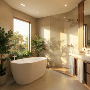 Salle de bain parentale moderne 2026 avec baignoire îlot, bois clair et lumière naturelle apaisante