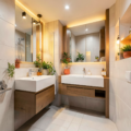 Salle de bain moderne au sous-sol sans fenêtre avec carrelage blanc et éclairage LED encastré