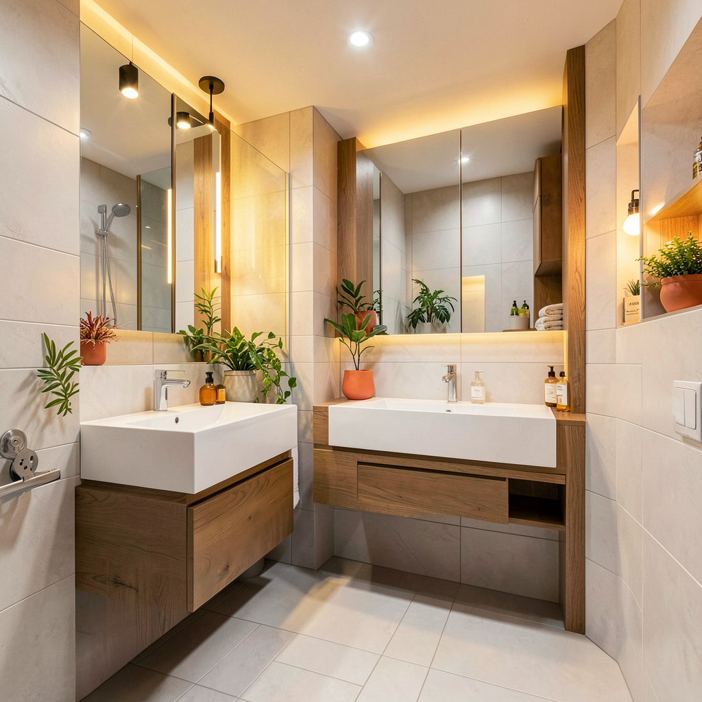 Salle de bain moderne au sous-sol sans fenêtre avec carrelage blanc et éclairage LED encastré