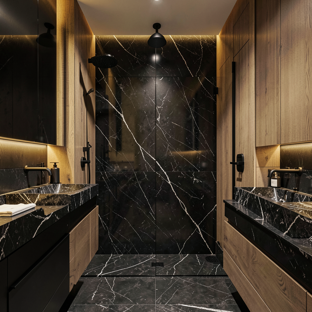 Salle de bain sombre avec carrelage noir, vasque en marbre blanc et robinetterie dorée, style moody moderne