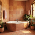 Salle de bain terracotta avec carrelage zellige et meuble vasque en bois naturel