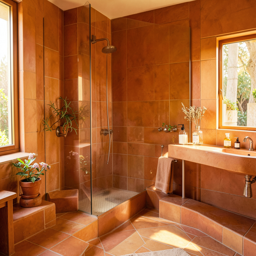 Salle de bain avec murs en enduit terracotta mat, vasque en pierre claire et accessoires en bois naturel