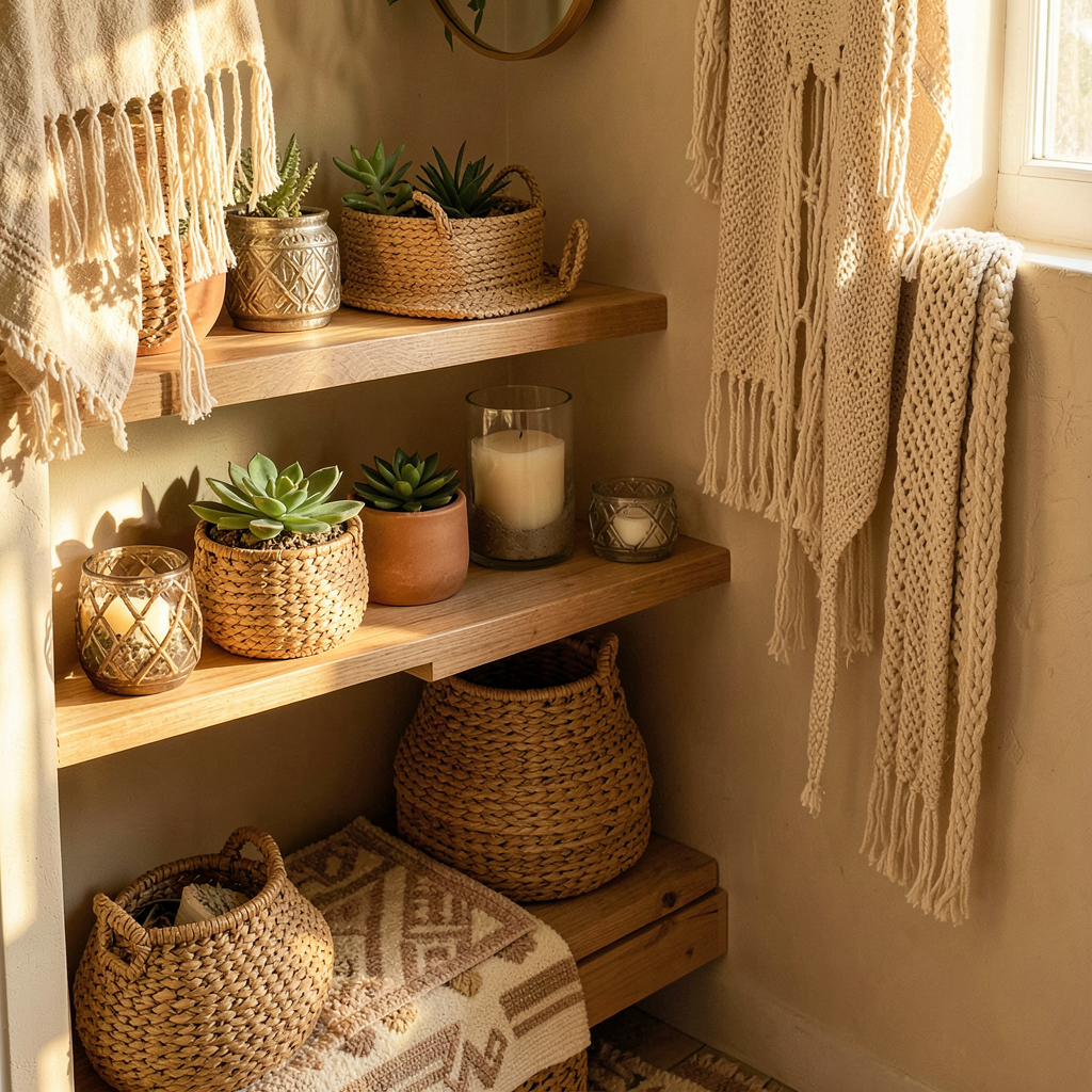Détail déco salle de bain boho : miroir en rotin, bougies et serviettes en lin beige posées sur une tablette en bois.