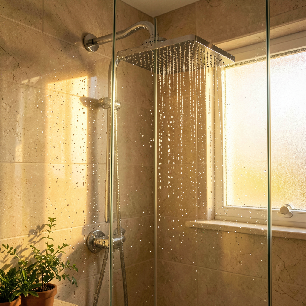 Douche d'angle avec niche murale en carrelage blanc et robinetterie encastrée chromée