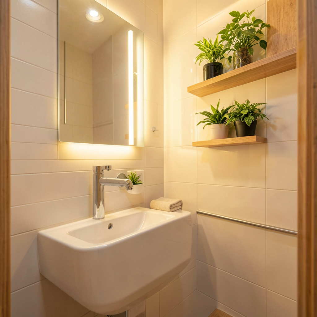 Disposition en L d'une mini salle de bain 5m2 avec rangements encastrés et miroir large