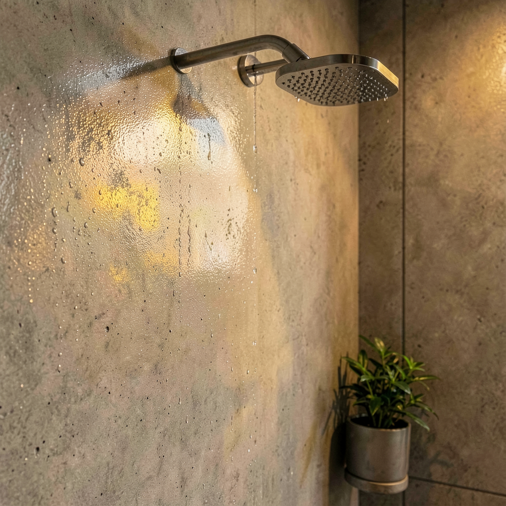 Douche italienne habillée de béton ciré anthracite dans une salle de bain tendance