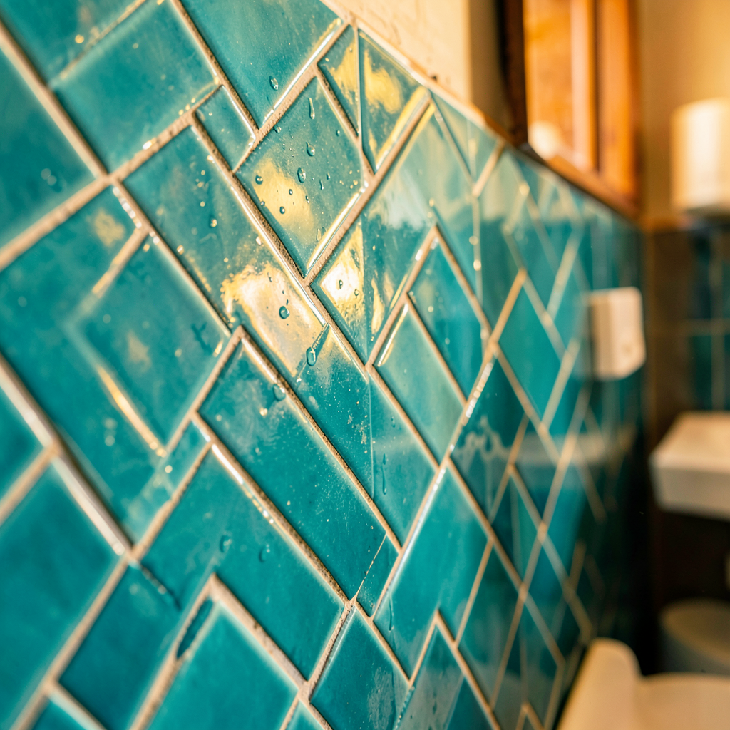 Détail d'un carrelage effet zellige turquoise en pose chevron 5x25 cm dans une salle de bain tendance