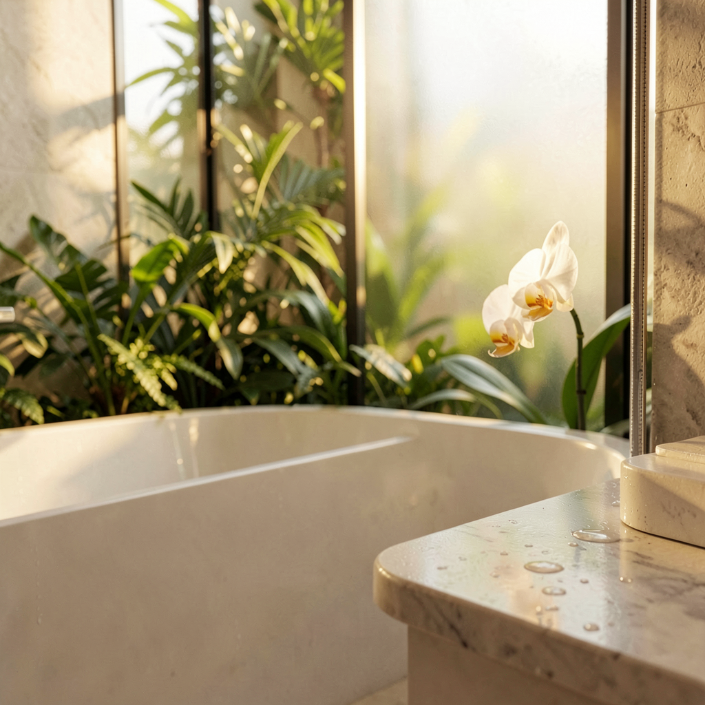 Grande salle de bain tendance avec matériaux naturels, reflet des préférences déco des Français