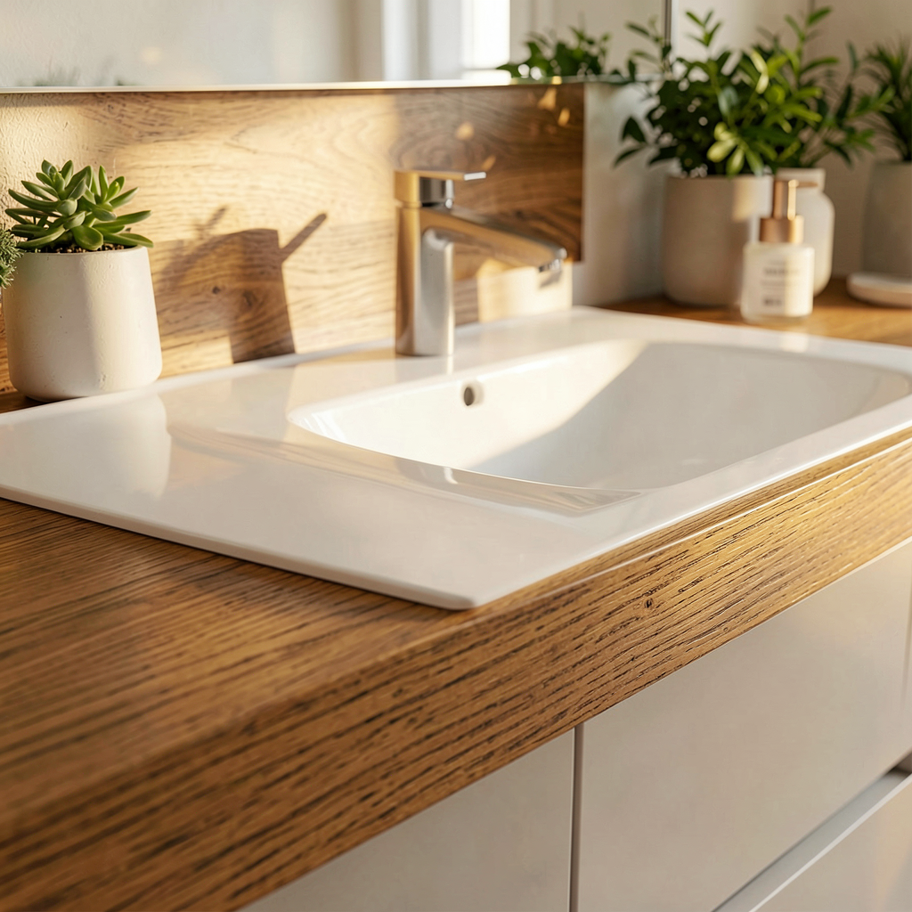 Détail de tiroirs en bois clair et blanc d'un meuble vasque dans une salle de bain moderne
