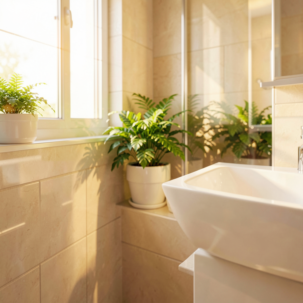 Petite salle d'eau rénovée avec agencement optimisé pour capter la lumière naturelle