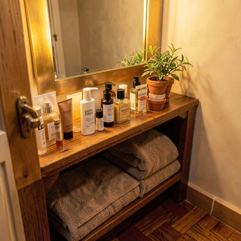 Salle d'eau compacte au style rustique chic avec carrelage blanc et accessoires en rotin