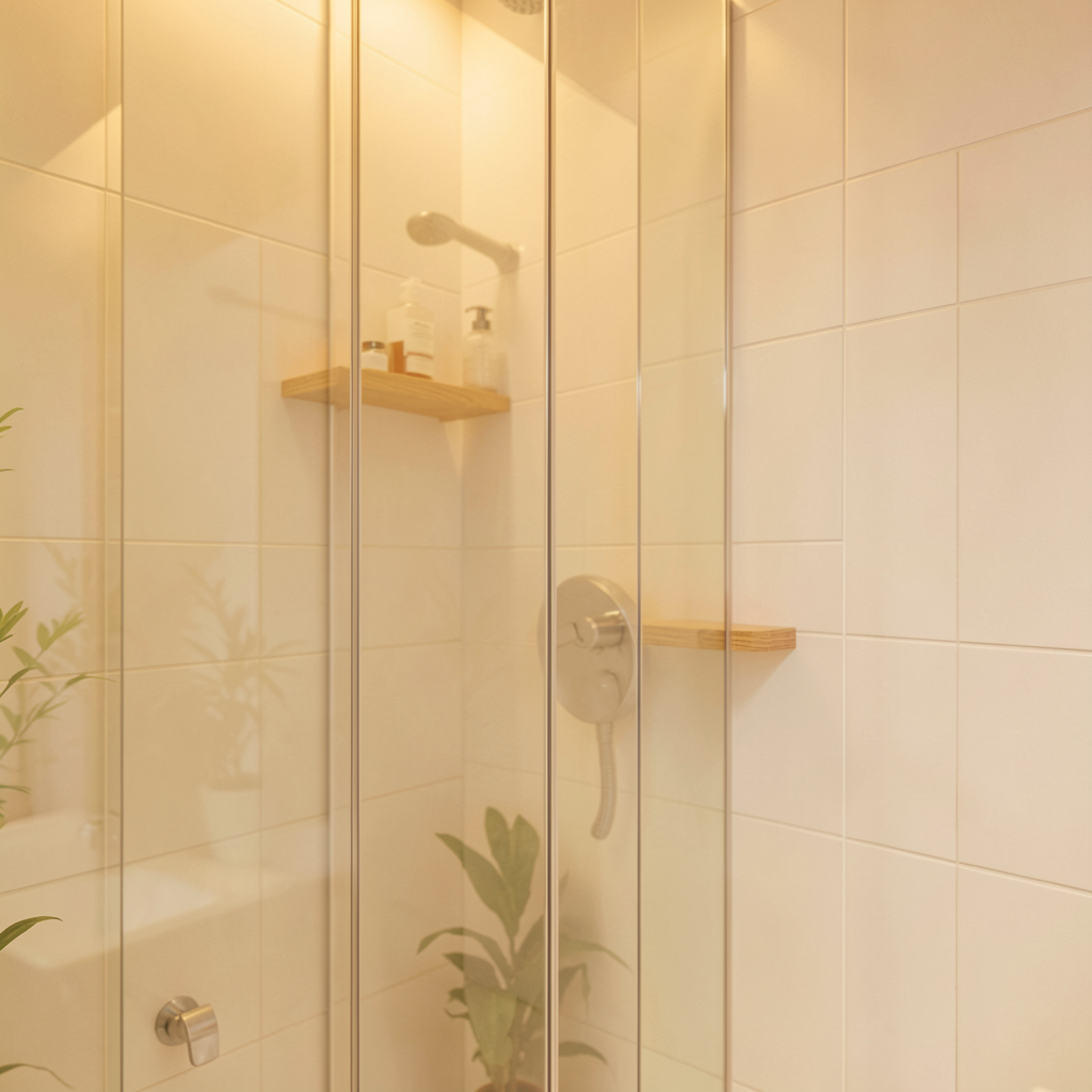 Détail de rangement mural intégré dans une salle de bain minimaliste moderne avec douche en verre